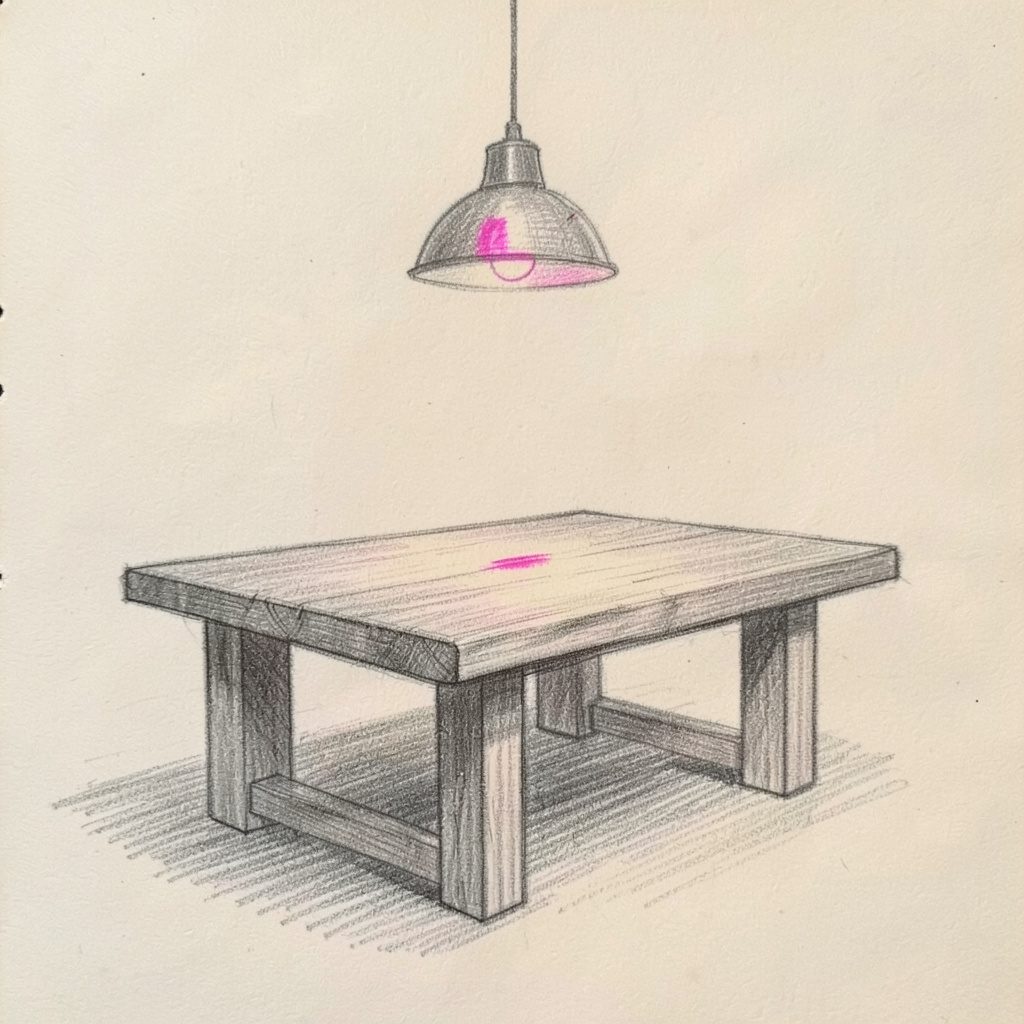 Pencil sketch of a butcher block kitchen table under pendant lighting, warm graphite shading on a pale background